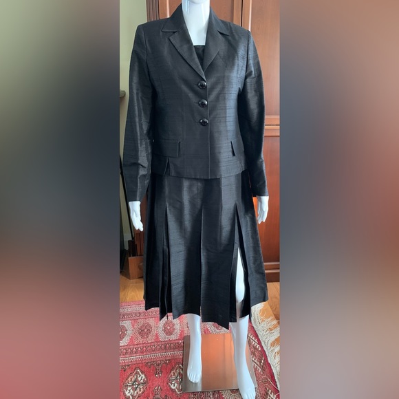 Shiny Black silk dress & short blazer 2 Pc suit pleaded dress with slits US 12 - Picture 5 of 16